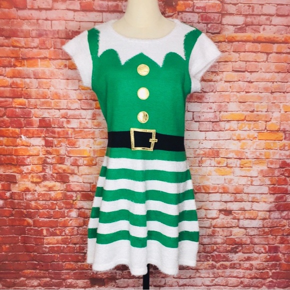 Holiday Time Dresses & Skirts - Holiday Time Sort Sleeved Green and White Ugly Christmas Sweater Elf Min…